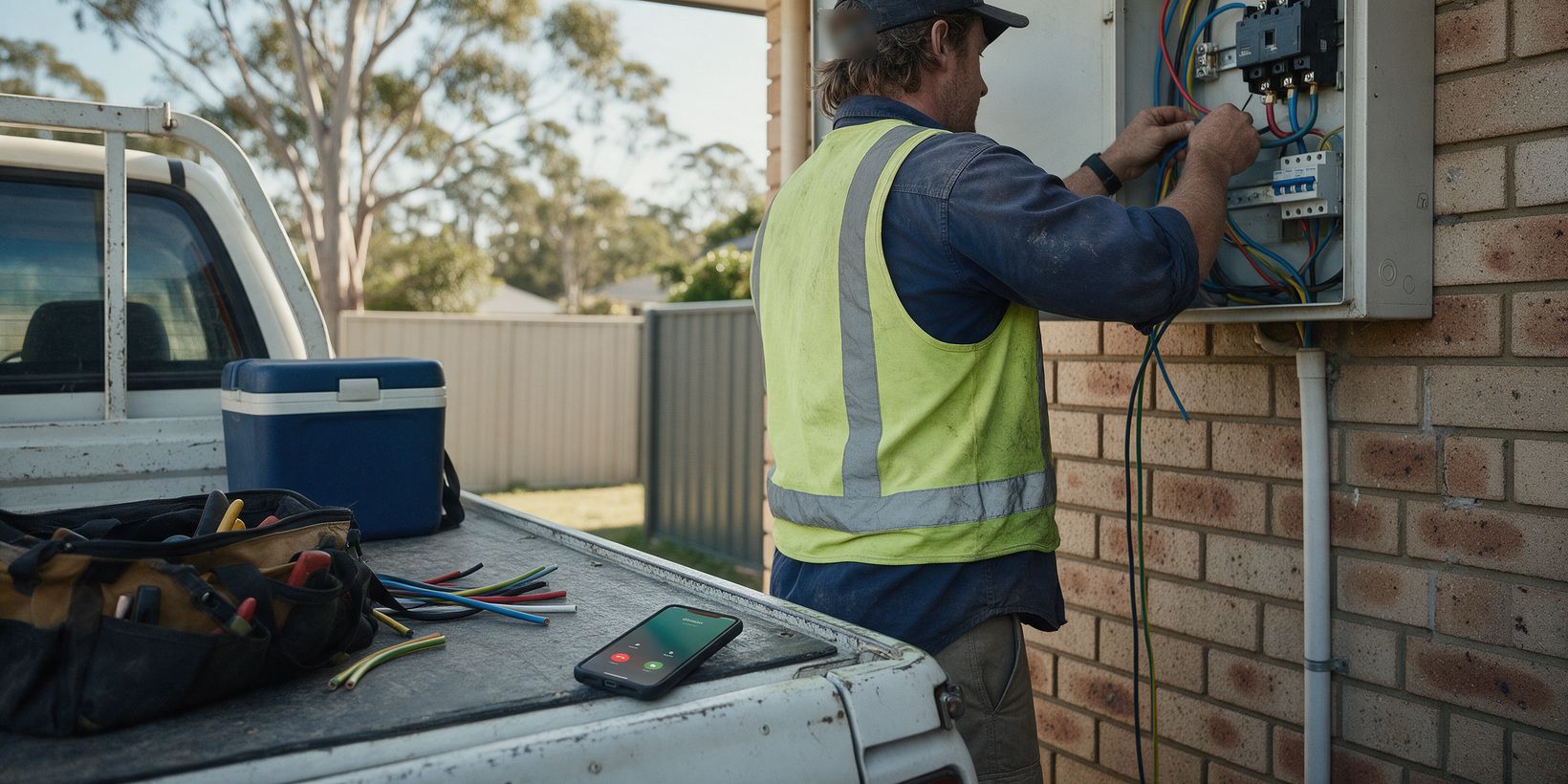 Electrician working at a switchboard while a phone rings on the ute tailgate