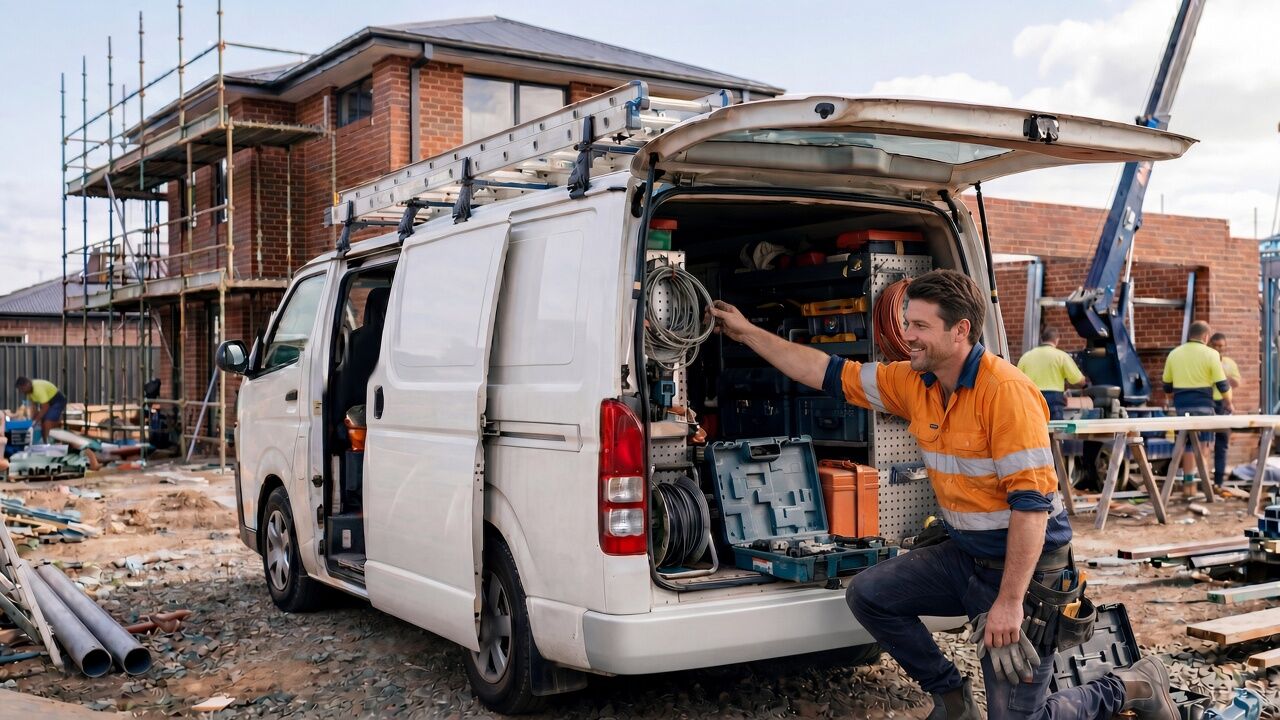 Tradie in orange hi-vis working beside a white van on a building site