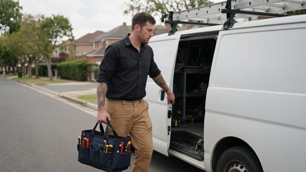 Tradie in a black shirt carrying tools from a white van on a suburban street